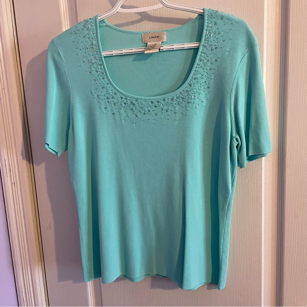 Laura Aqua Embellished Scoop Neck Short Sleeve Top